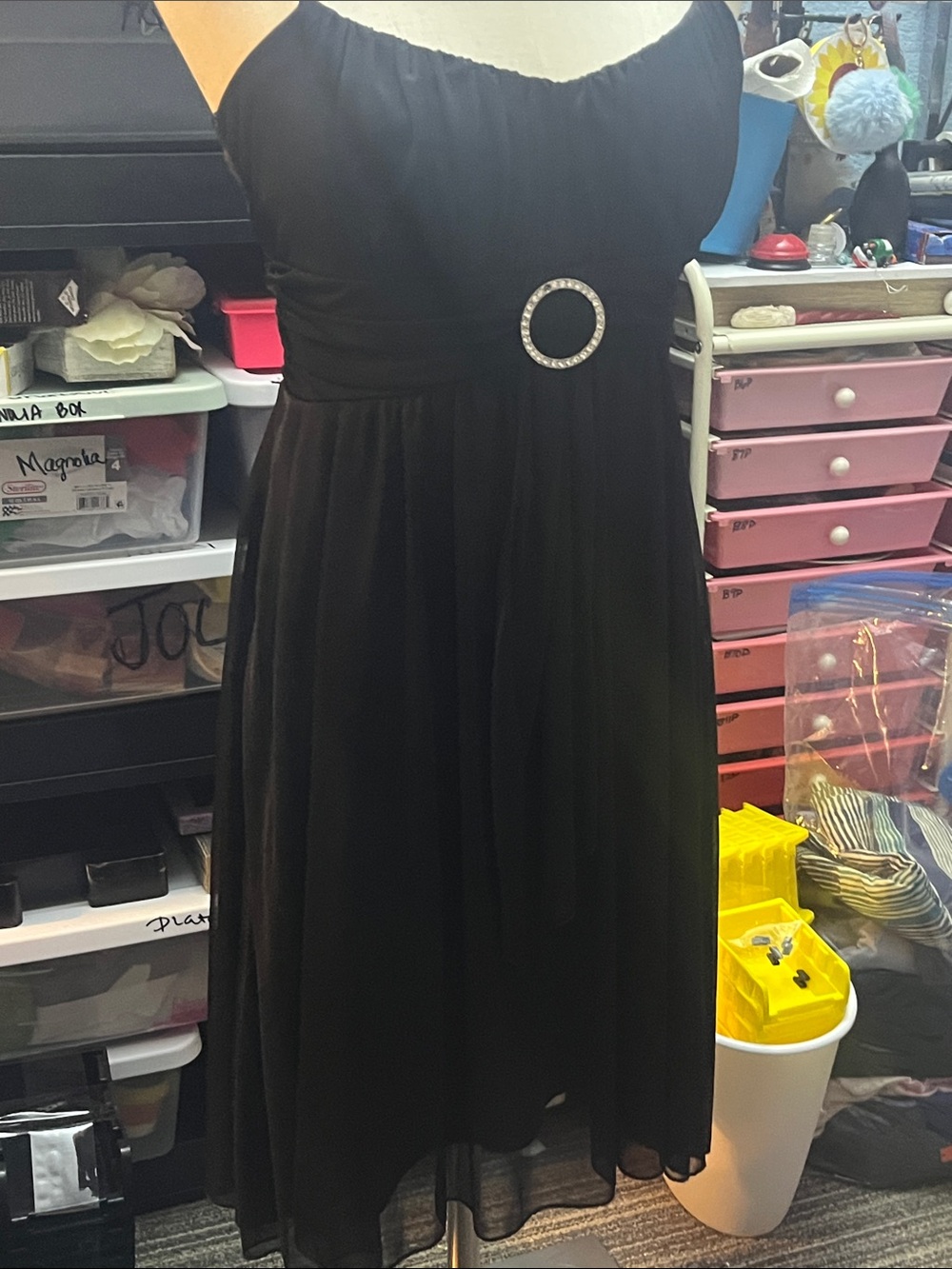 Ruby Rox Black Sleeveless Chiffon Midi Dress with Rhinestone Buckle SZ M D4